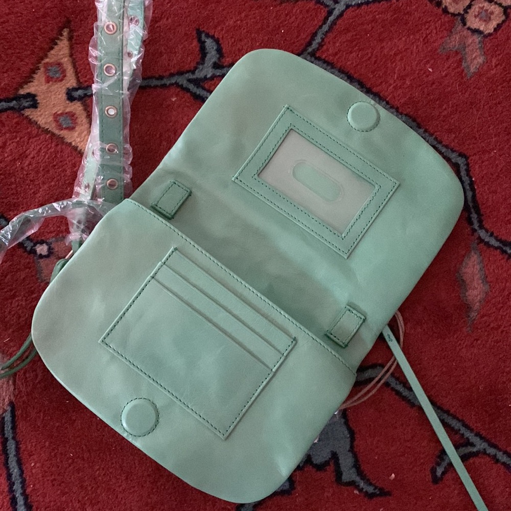 Leather Hobo waist wallet in spring green. Can use as crossbody too. Detailed. - Picture 2 of 4